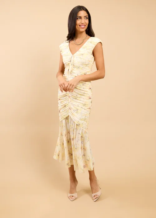 Little Mistress Yellow Floral Print Ruched Midaxi Dress - 14 Image 1