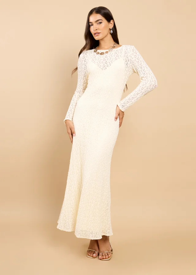 Little Mistress Cream Textured Midaxi Dress