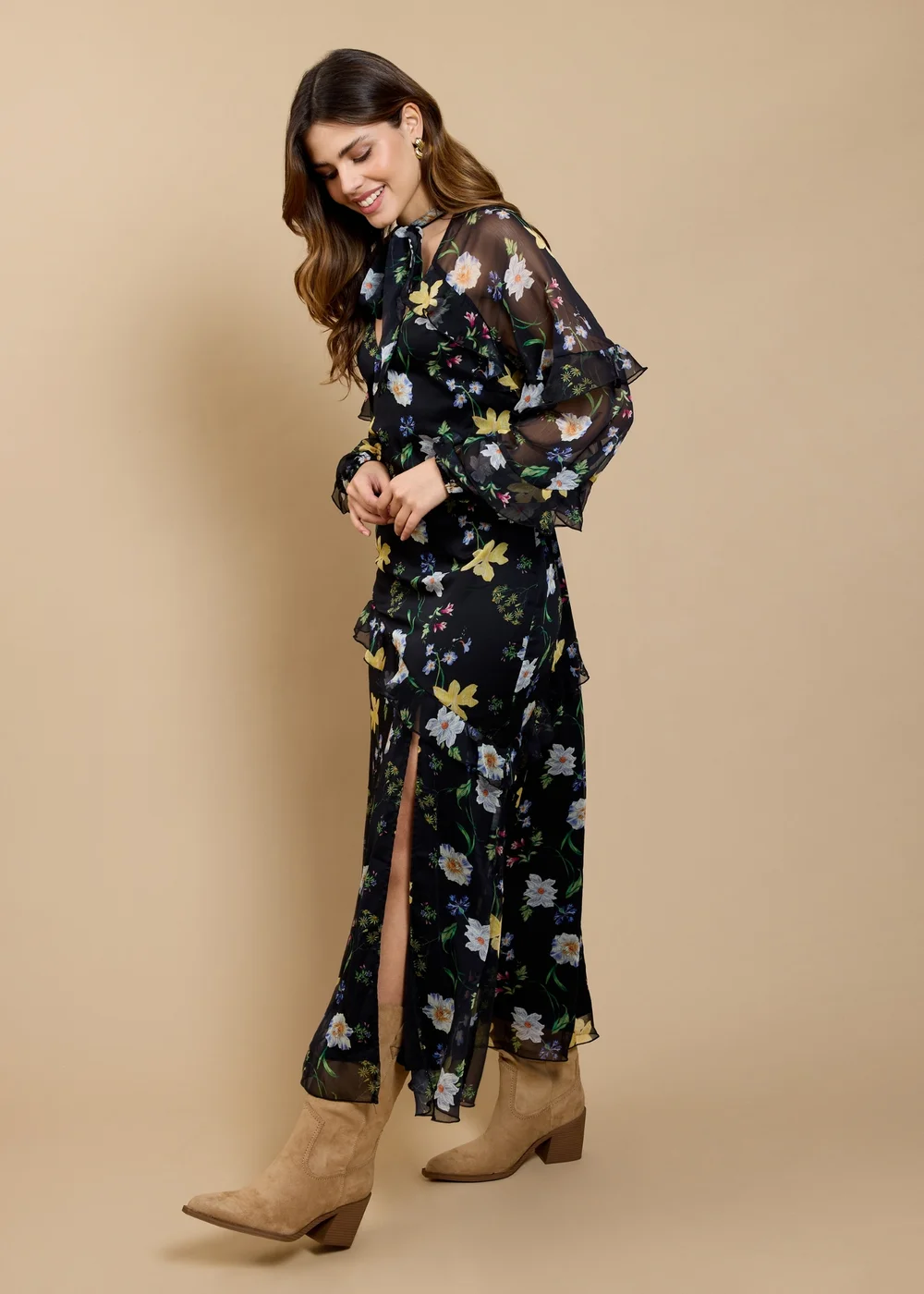 Little Mistress Black Floral Print Frill Midaxi Dress - 12 Image 1