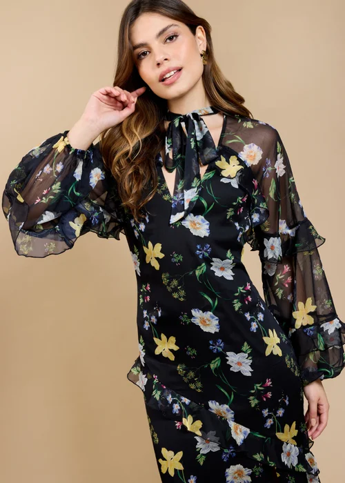 Little Mistress Black Floral Print Frill Midaxi Dress - 12 Image 4