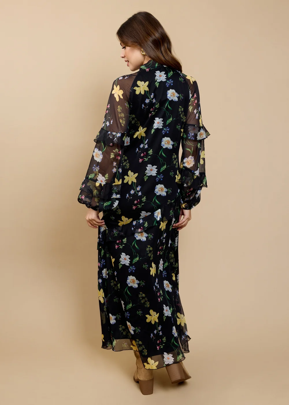 Little Mistress Black Floral Print Frill Midaxi Dress - 12 Image 2