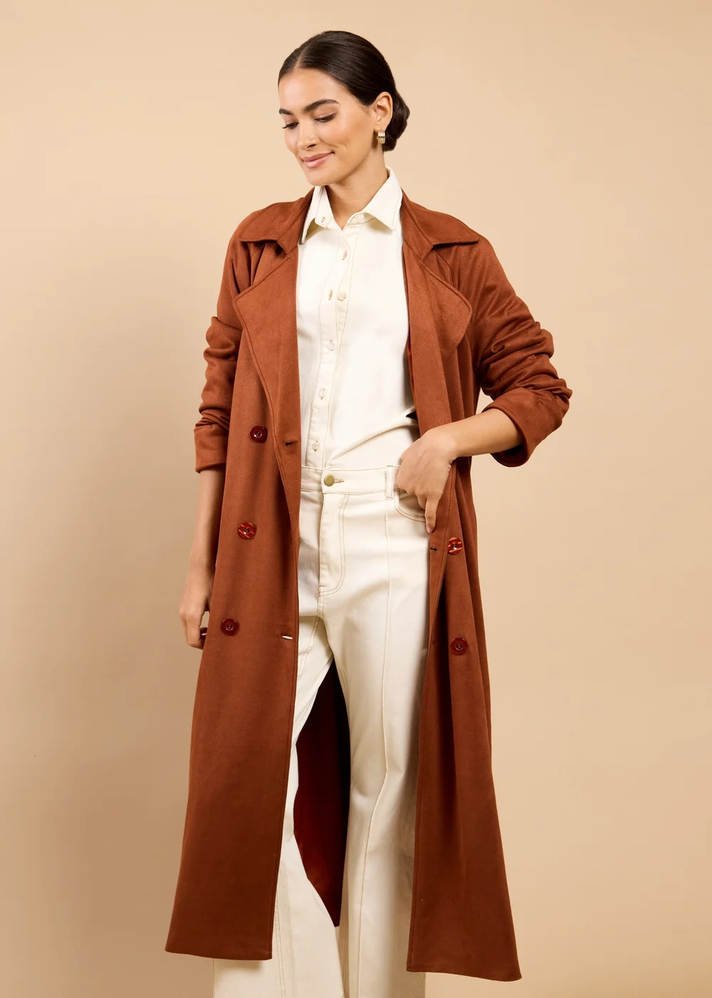 Little Mistress Brown Suedette Trench Coat - M Image 4
