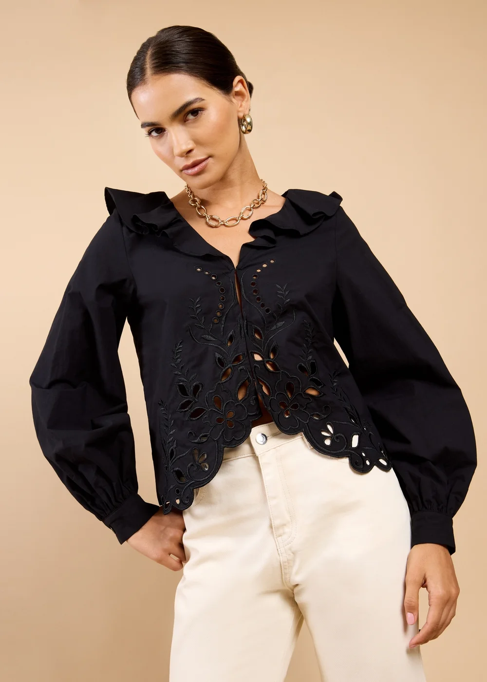 Little Mistress Black Embroidered Frill Top - L Image 1