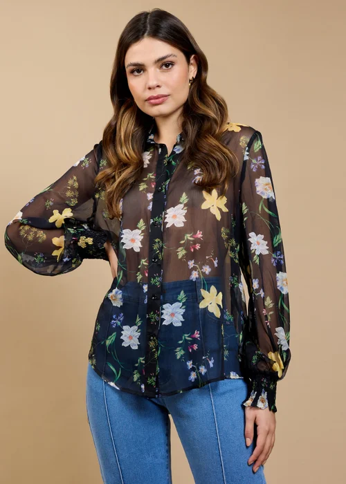 Little Mistress Black Floral Print Chiffon Shirt - 10 Image 1