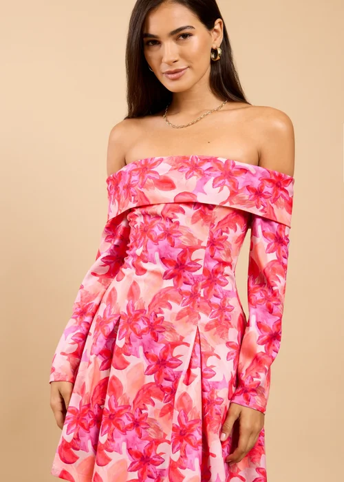 Little Mistress Pink Floral Print Bardot Mini Dress - 8 Image 4