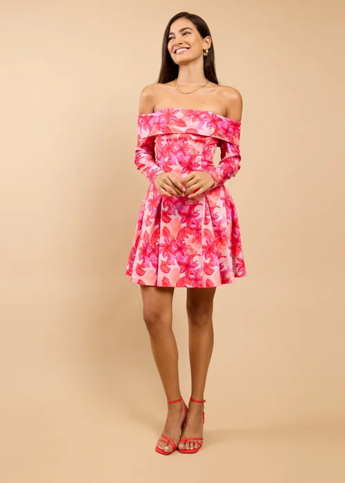 Little Mistress Pink Floral Print Bardot Mini Dress - 8 Image 1