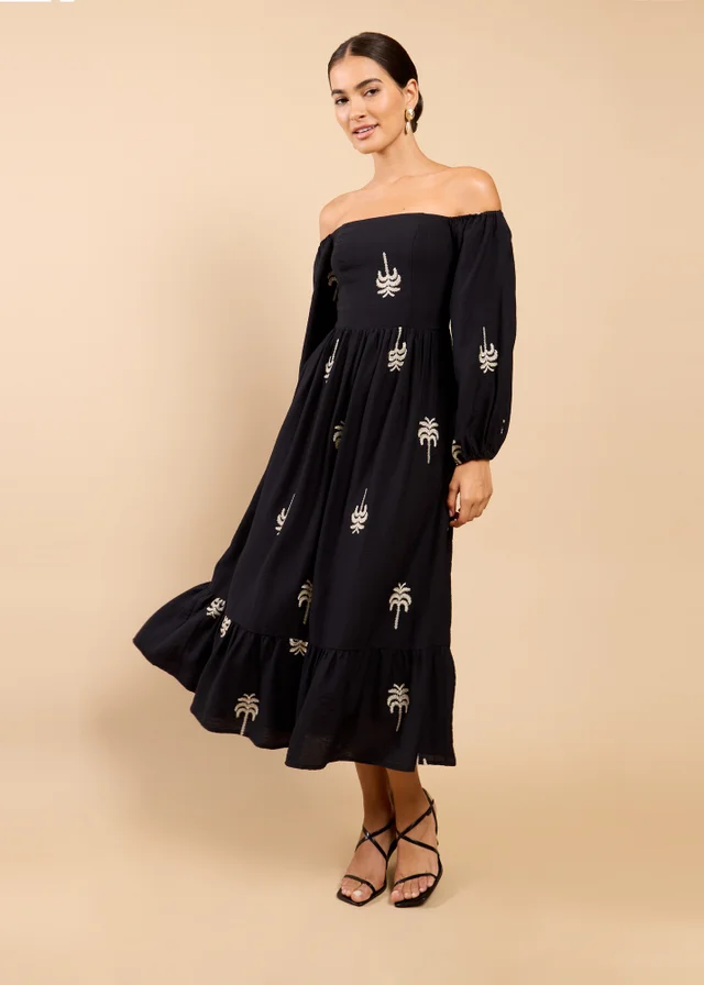 Little Mistress Black Embroidered Bardot Midaxi Dress Vicky Pattison EDIT