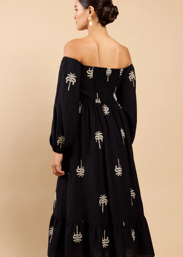 Little Mistress Black Embroidered Bardot Midaxi Dress Vicky Pattison EDIT