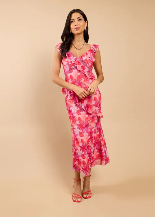 Little Mistress Pink Floral Print Ruffle Midaxi Dress - 10 Image 1