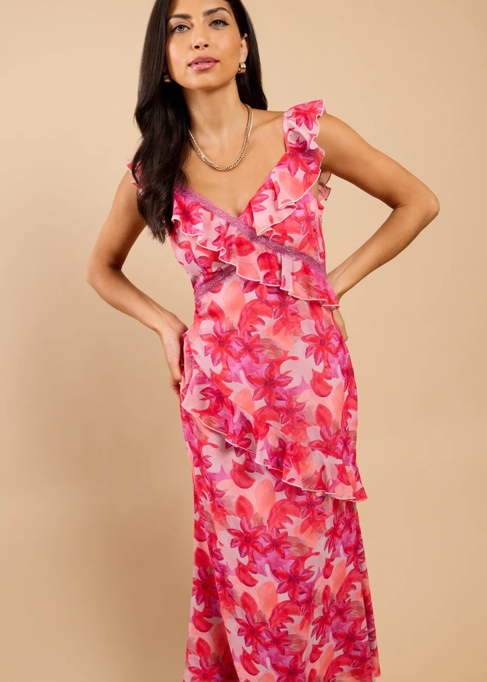 Little Mistress Pink Floral Print Ruffle Midaxi Dress - 10 Image 4