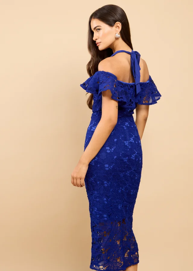 Little Mistress Blue Crochet Bardot Midaxi Dress