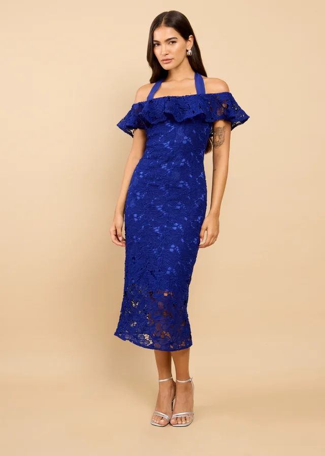 Little Mistress Blue Crochet Bardot Midaxi Dress