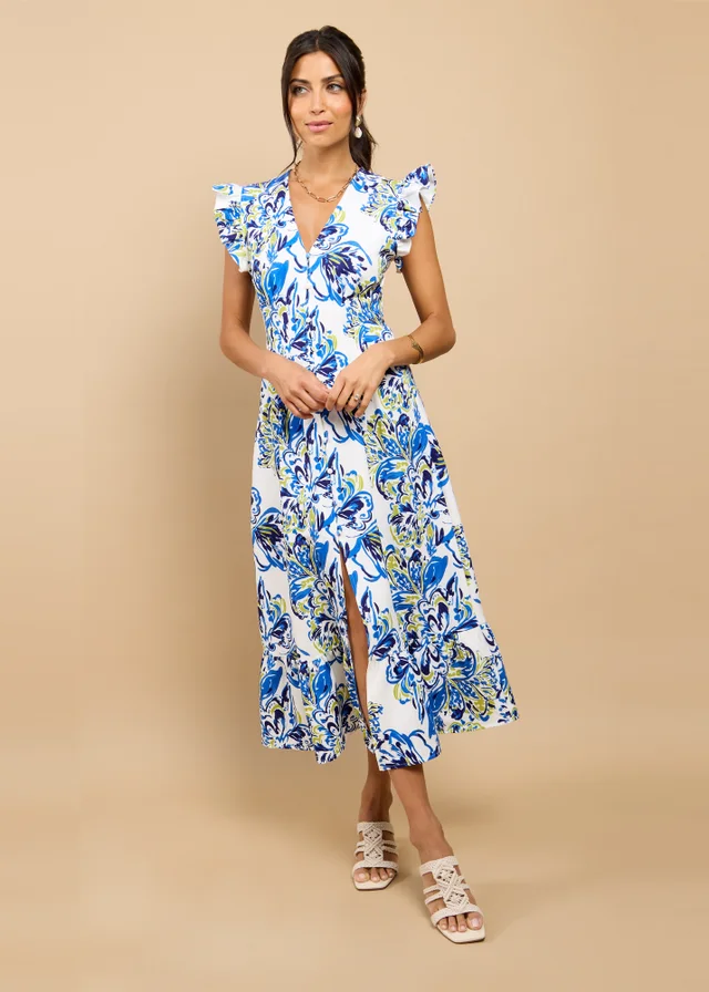 Little Mistress Blue Floral Print Button Down Midaxi Dress