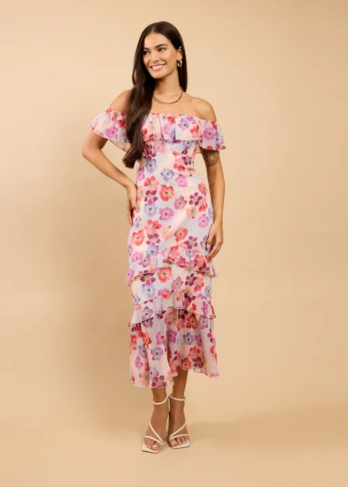 Little Mistress Floral Print Ruffle Bardot Midaxi Dress - 14 Image 1
