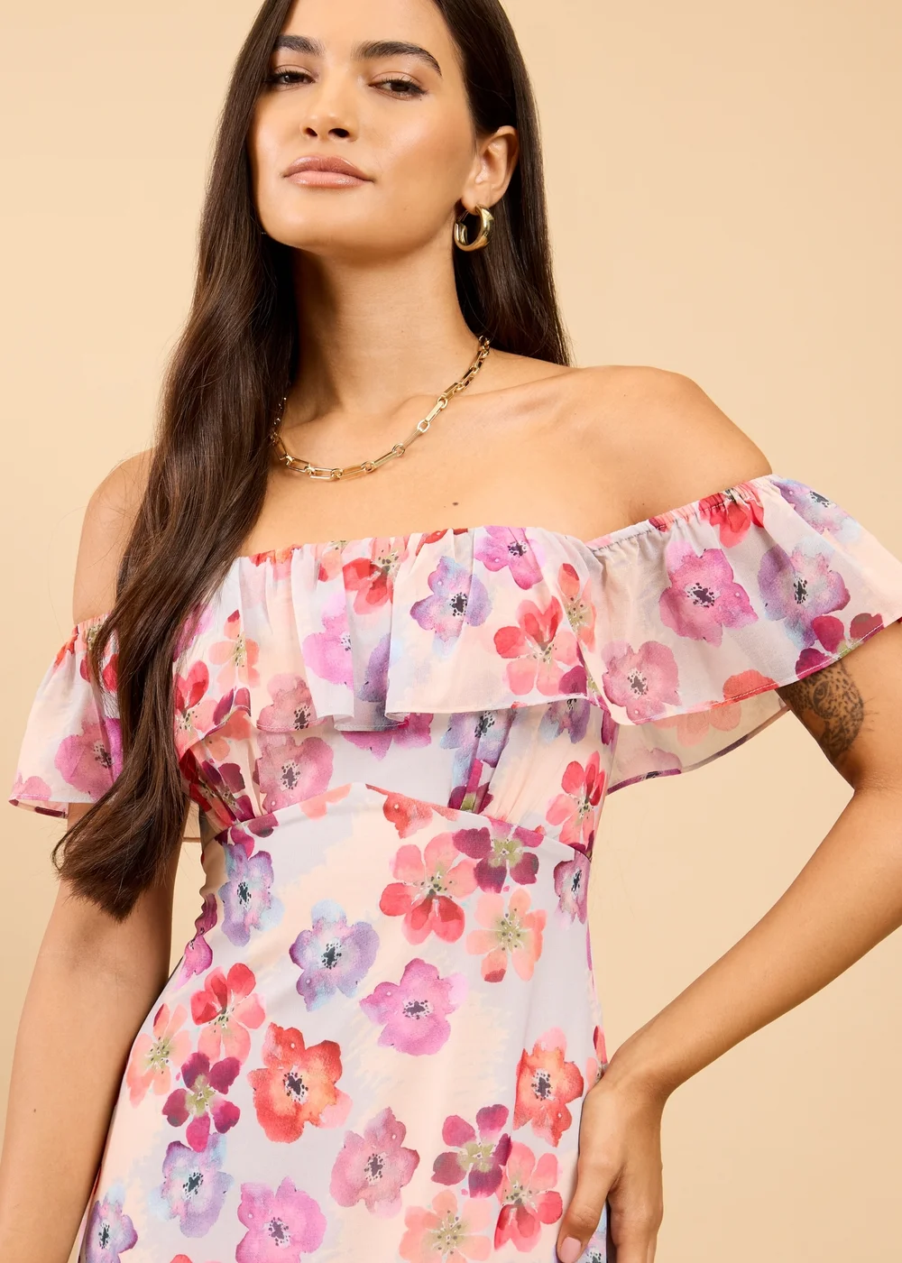Little Mistress Floral Print Ruffle Bardot Midaxi Dress - 14 Image 3