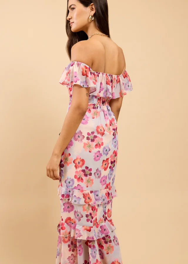 Little Mistress Floral Print Ruffle Bardot Midaxi Dress