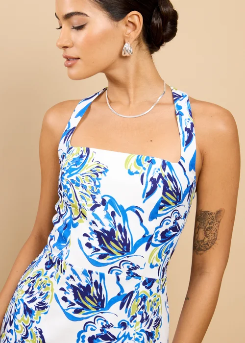 Little Mistress Blue Floral Print Halterneck Midaxi Dress - 14 Image 3