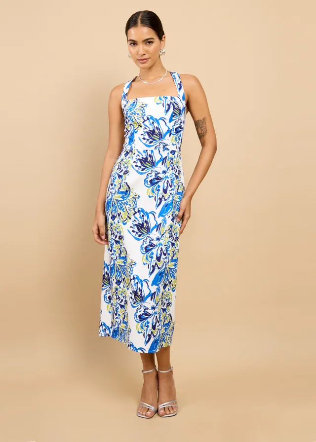 Little Mistress Blue Floral Print Halterneck Midaxi Dress