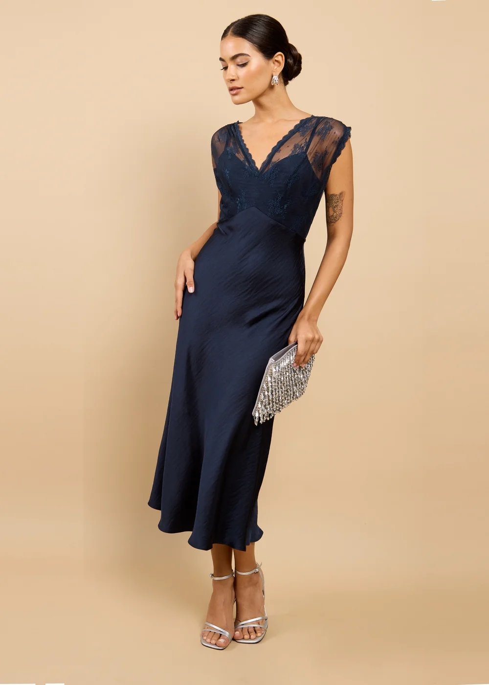 Little Mistress Navy Satin Lace Detail Midaxi Dress - 18 | Matalan Little Mistress Navy Satin Lace Detail Midaxi Dress - 18 | Matalan