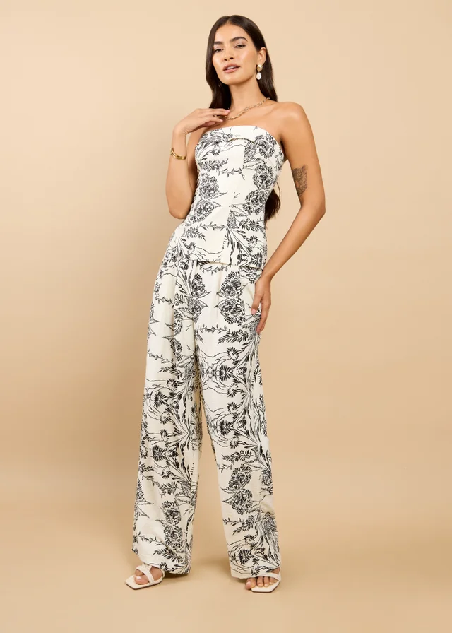 Little Mistress Monochrome Floral Print Wide Leg Trousers