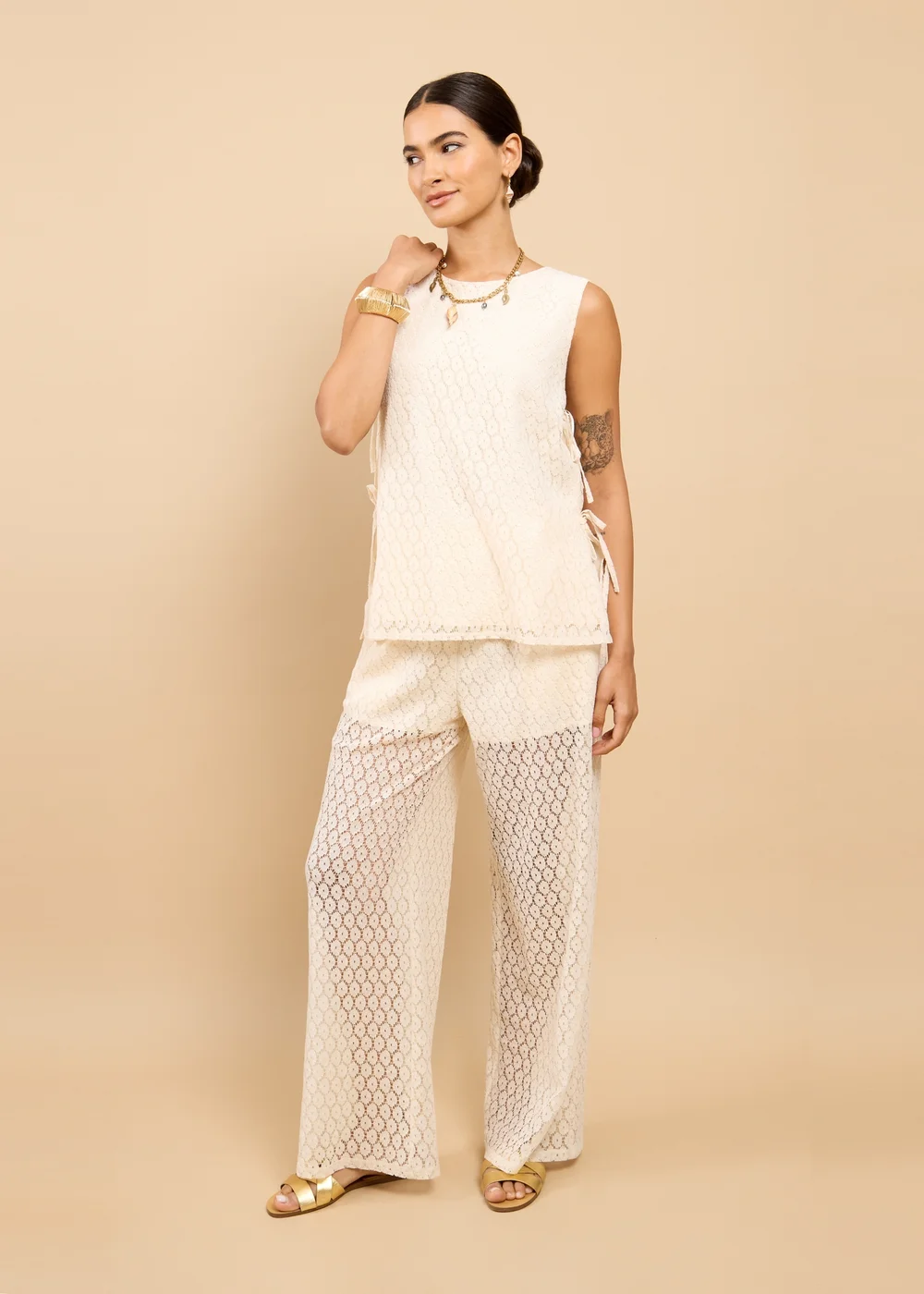 Little Mistress Cream Lace Wide Leg Trouser - S Image 1