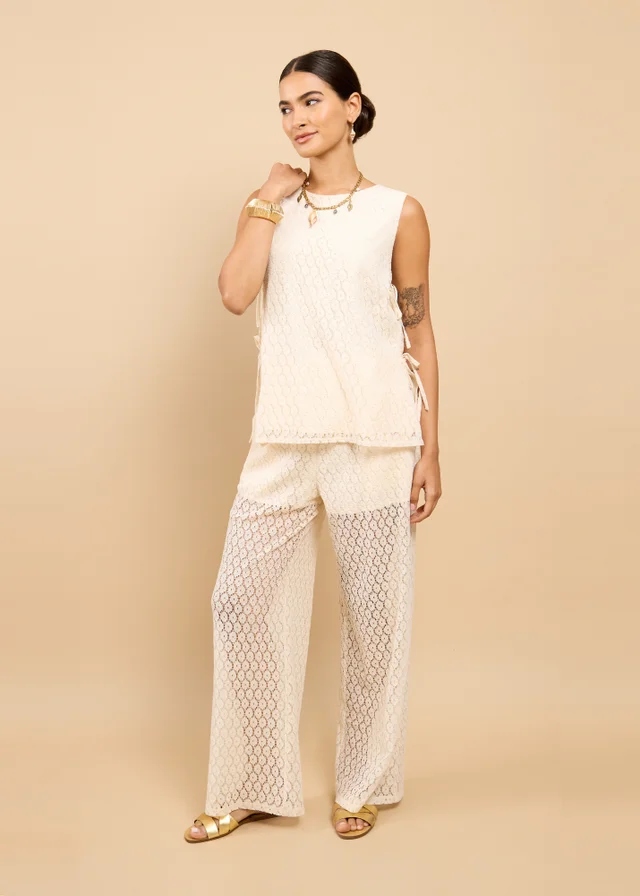 Little Mistress Cream Lace Wide Leg Trouser