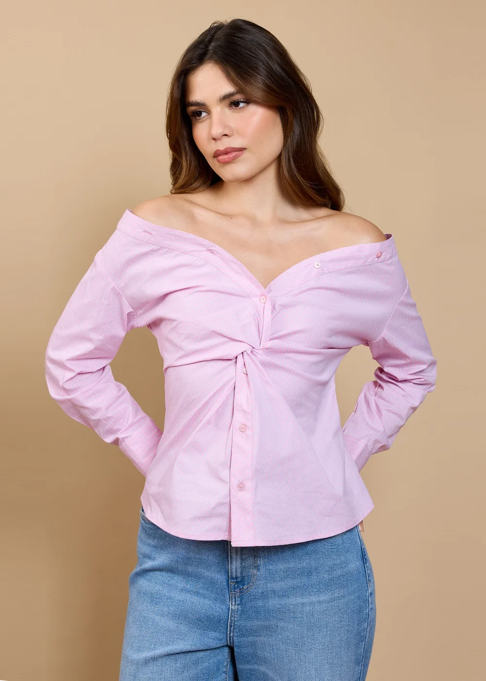 Little Mistress Pink Stripe Twist Detail Shirt - L Image 1