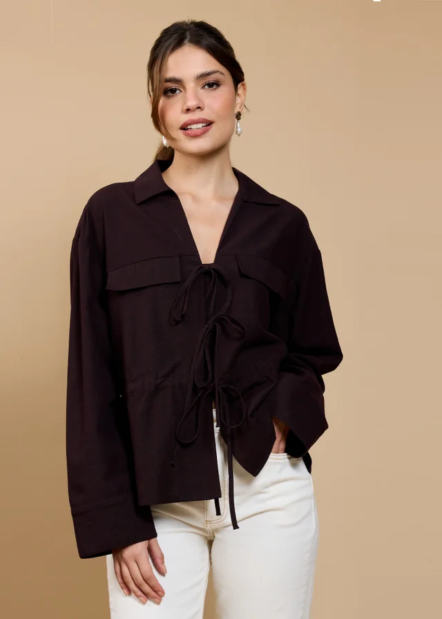 Little Mistress Brown Tie Detail Blouse