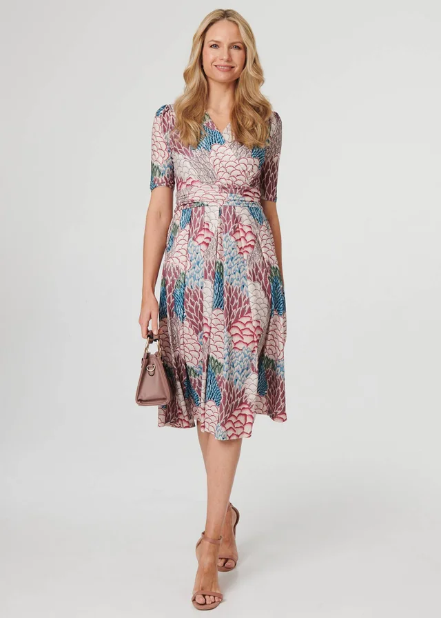 Izabel London Beige Printed 1/2 Sleeve Pleated Midi Dress