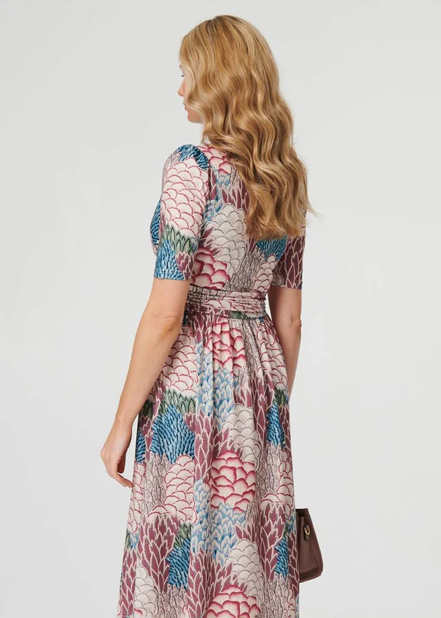 Izabel London Beige Printed 1/2 Sleeve Pleated Midi Dress