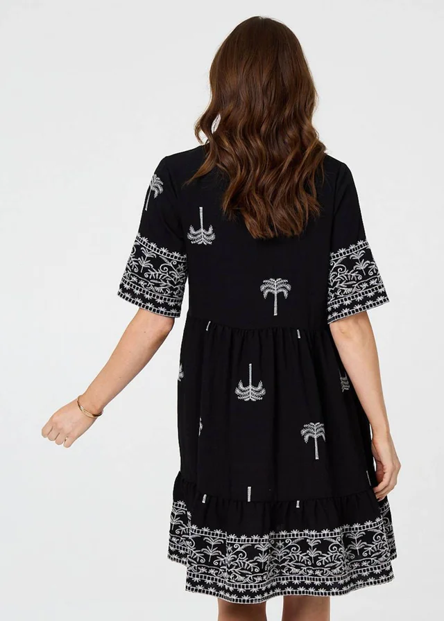 Izabel London Black Border Print 1/2 Sleeve Short Dress