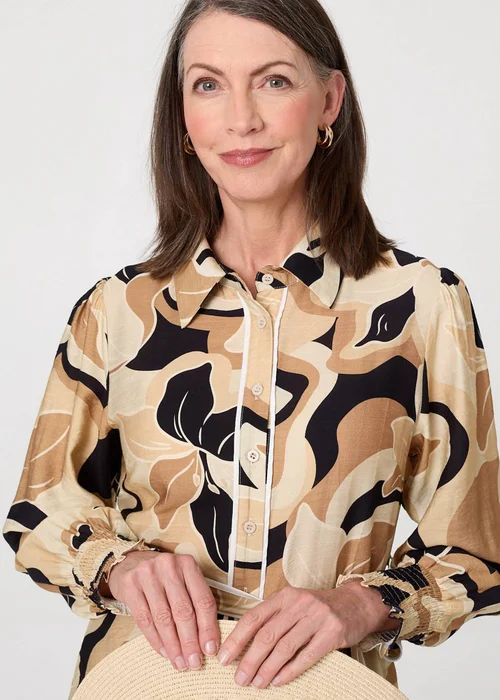 Izabel London Beige Abstract Floral Midi Shirt Dress - 10 Image 3