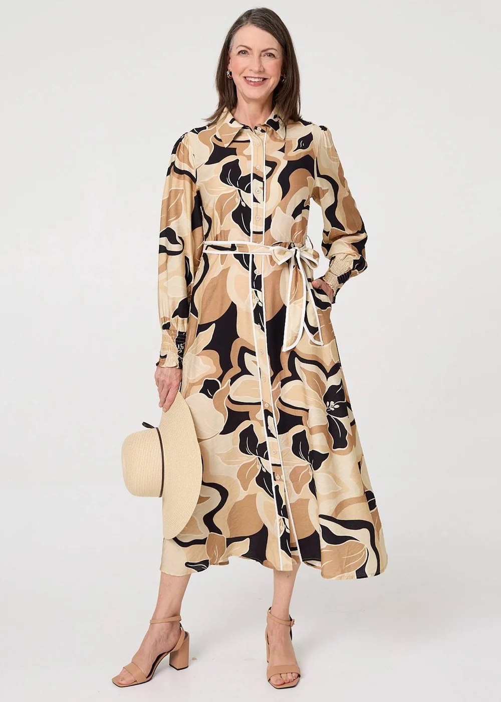 Izabel London Beige Abstract Floral Midi Shirt Dress - 10 Image 1