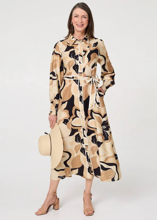 Izabel London Beige Abstract Floral Midi Shirt Dress - 10 Image 1