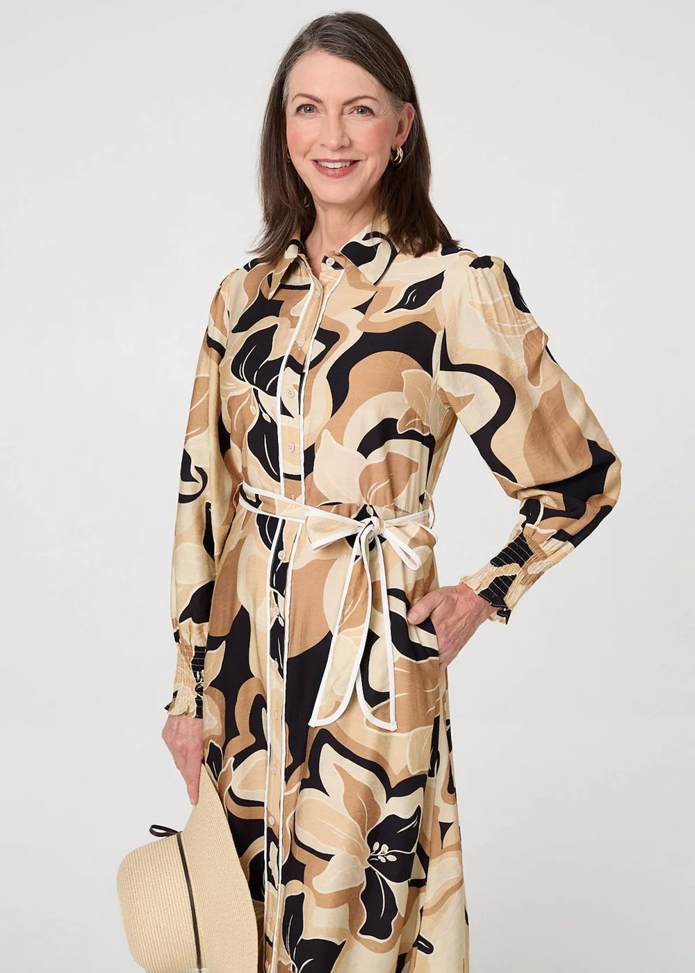 Izabel London Beige Abstract Floral Midi Shirt Dress - 10 Image 4