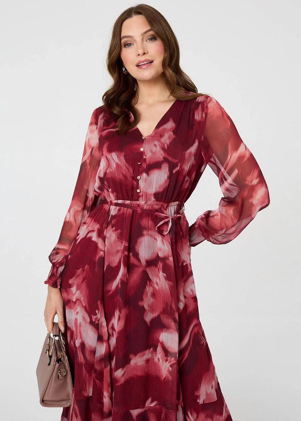 Izabel London Burgundy Abstract Floral Semi Sheer Midi Dress - 8 Image 4