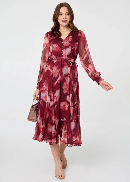 Izabel London Burgundy Abstract Floral Semi Sheer Midi Dress - 8 Image 1