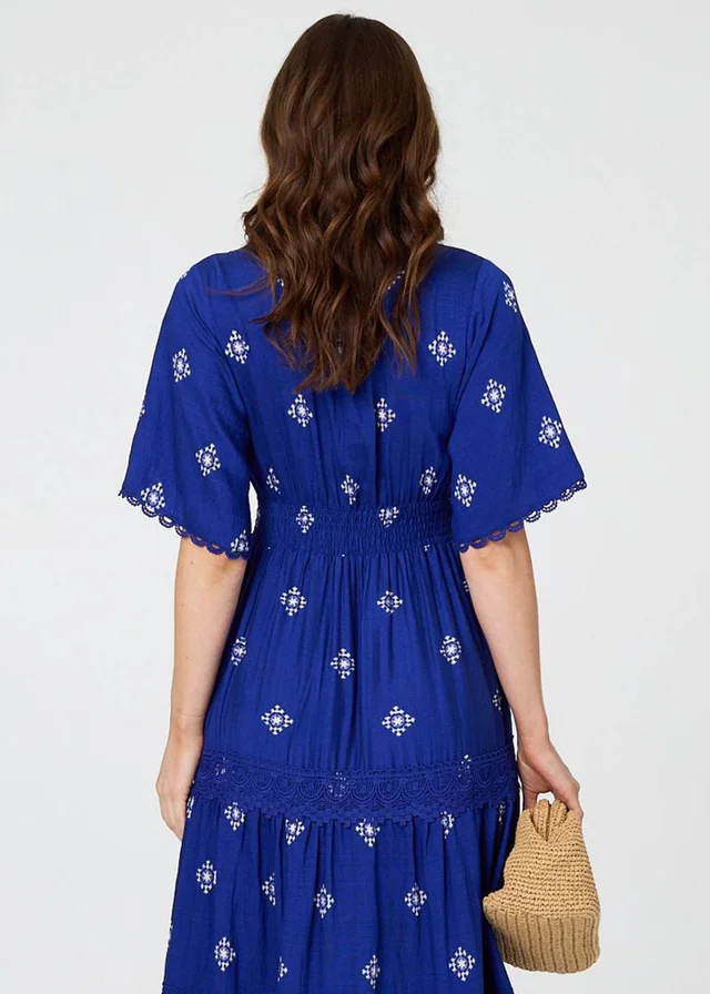 Izabel London Blue Border Print 1/2 Sleeve Maxi Dress