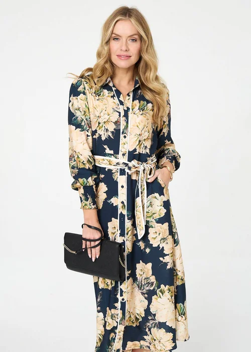 Izabel London Navy Floral Print Tie Waist Midi Shirt Dress - 8 Image 4