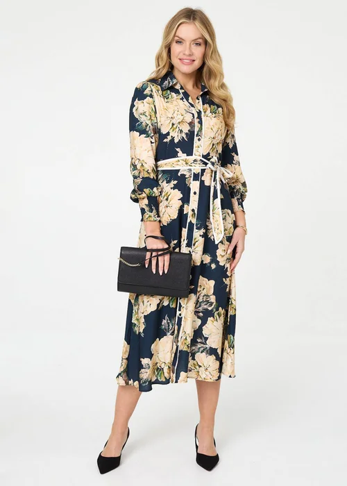 Izabel London Navy Floral Print Tie Waist Midi Shirt Dress - 8 Image 1