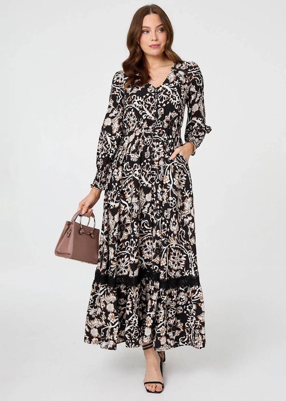 Izabel London Black Floral Lace Trim Long Sleeve Maxi Dress - 18 | Matalan Izabel London Black Floral Lace Trim Long Sleeve Maxi Dress - 18 | Matalan