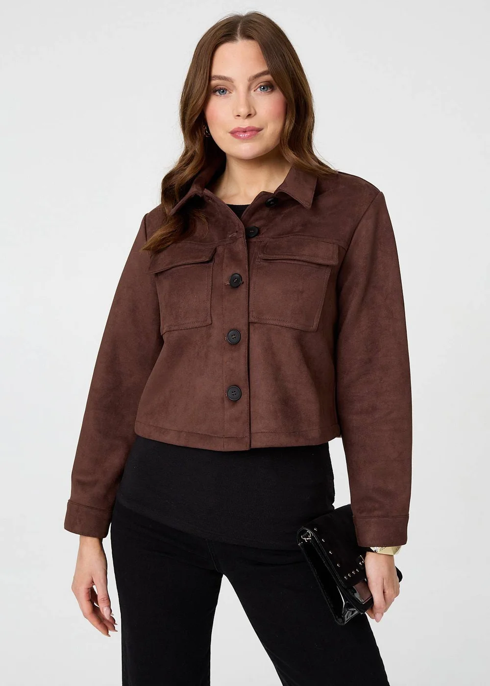 Izabel London Brown Faux Suede Cropped Boxy Jacket - 16 Image 4