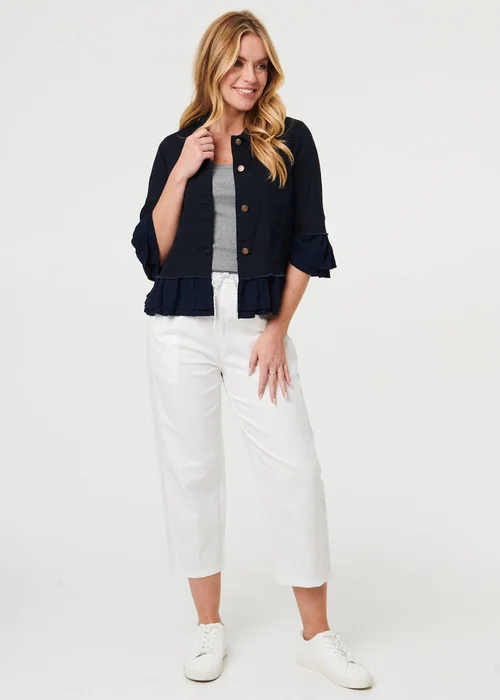 Izabel London Navy Frilled Hem 3/4 Flare Sleeve Shirt - 14 Image 1