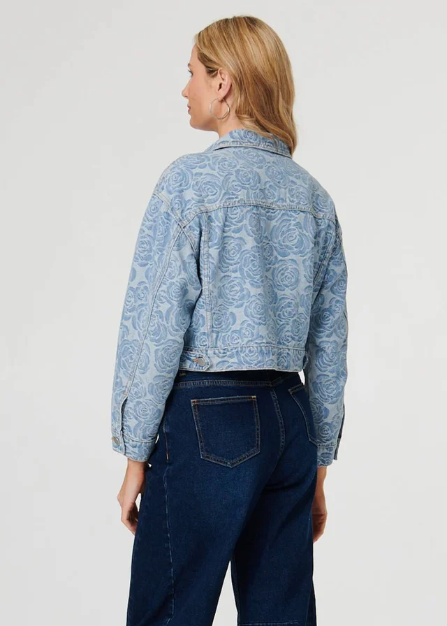 Izabel London Blue Floral Print Cropped Denim Jacket