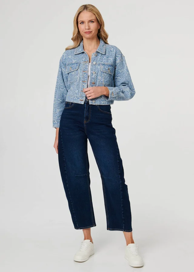 Izabel London Blue Floral Print Cropped Denim Jacket