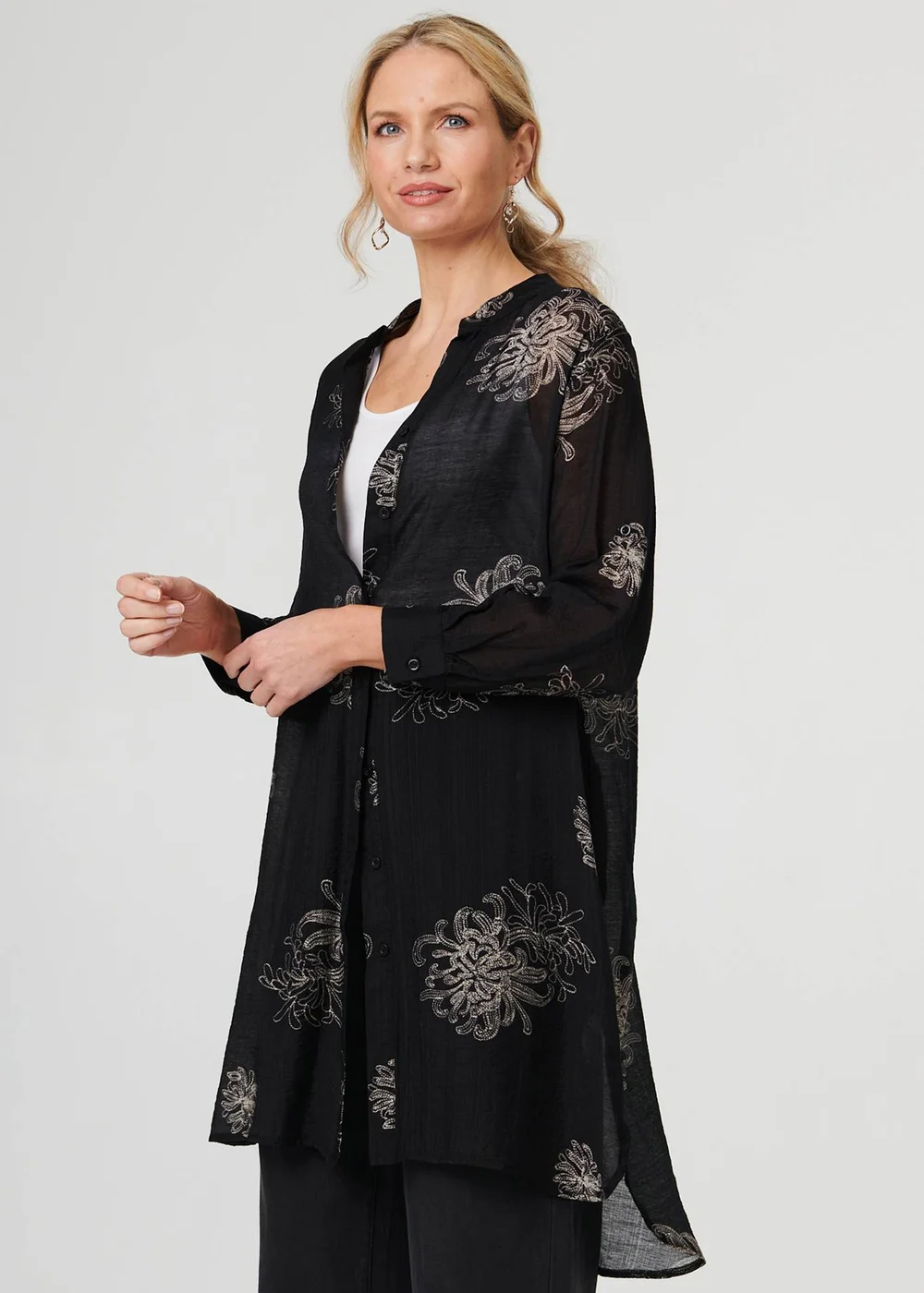 Izabel London Black Floral Semi Sheer Longline Tunic Shirt - 12 Image 4