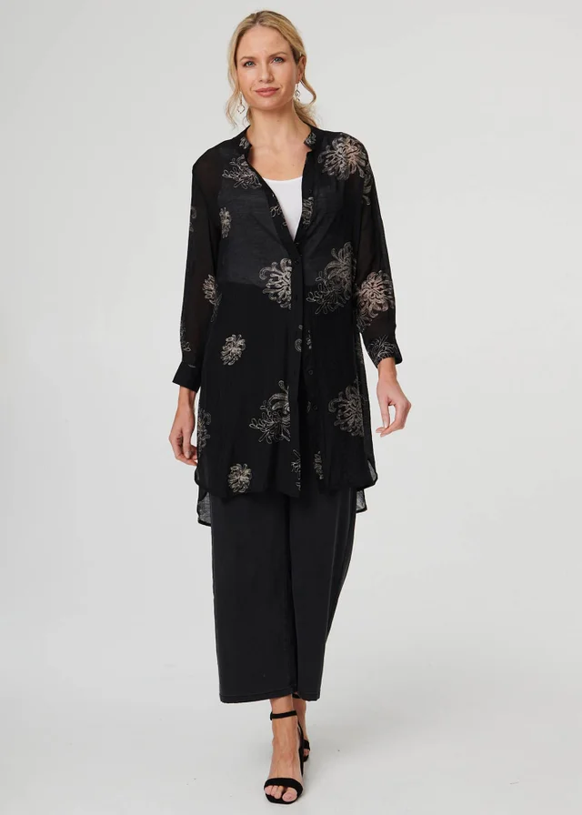 Izabel London Black Floral Semi Sheer Longline Tunic Shirt