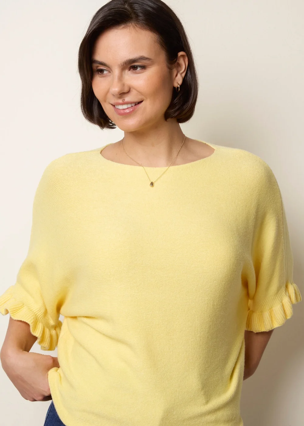 Blue Vanilla Yellow Knitted Frill Sleeve Batwing Jumper - One Size Image 3