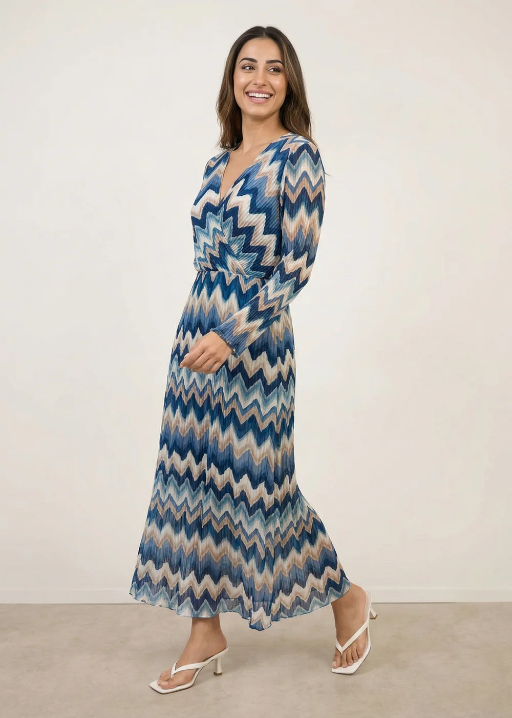 Blue Vanilla Blue Pleated Zig Zag Print Dress - L/XL Image 1