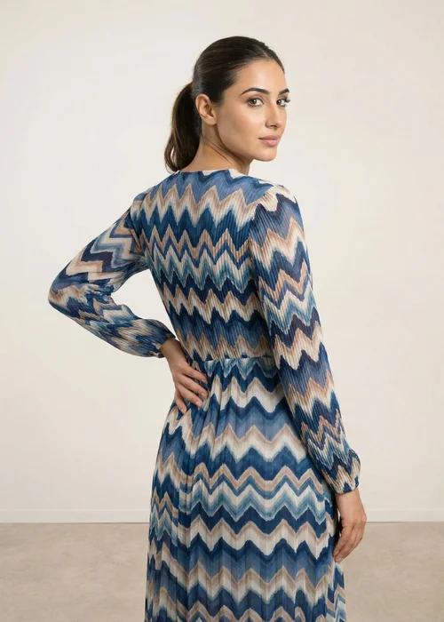 Blue Vanilla Blue Pleated Zig Zag Print Dress - L/XL Image 3